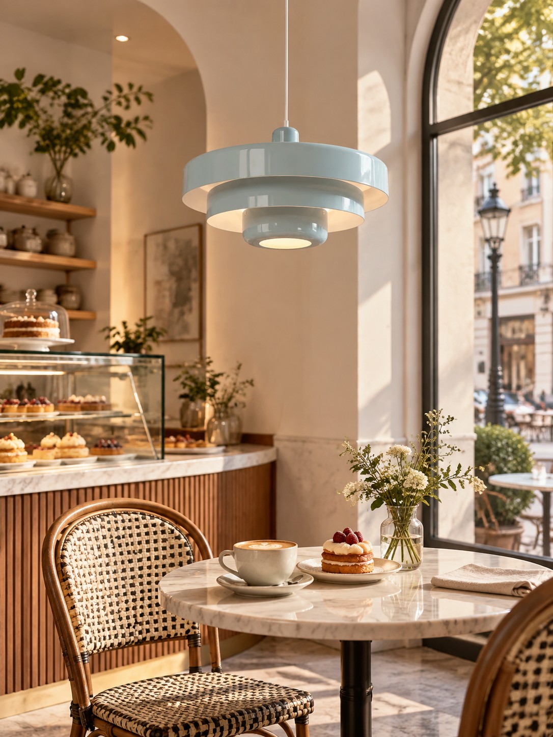 Hellblaue Pendelleuchte in einem Café