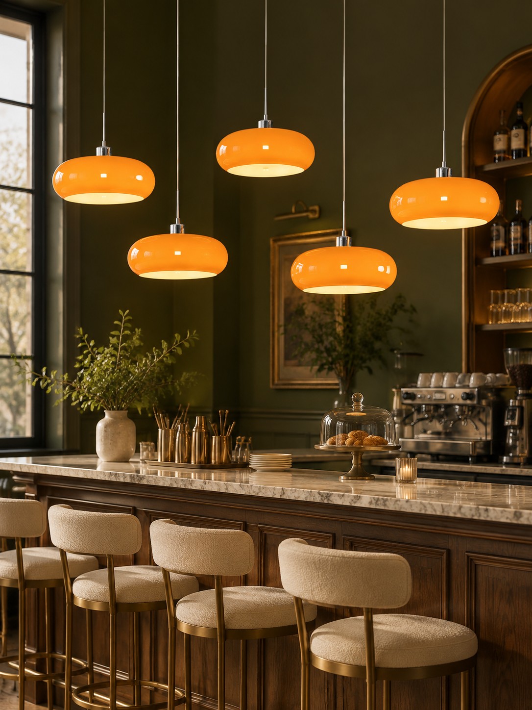 Café-bar com luminárias pendentes de vidro laranja agrupadas.
