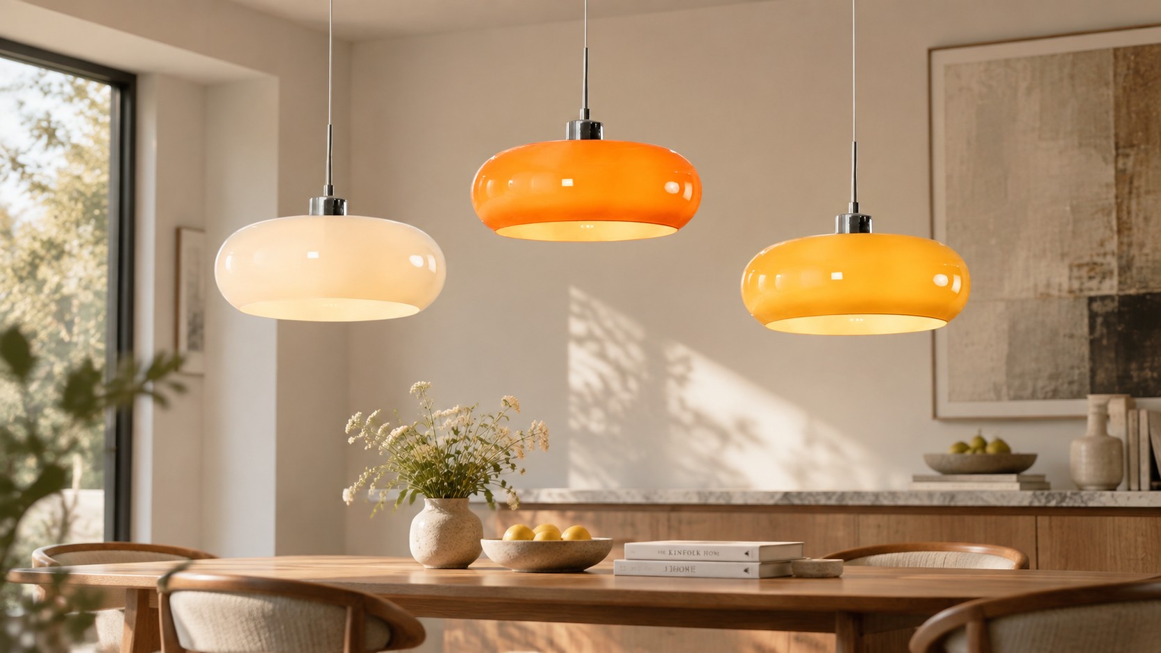 Conceito do designer — três luminárias pendentes em forma de vasos de vidro sobre uma mesa de jantar.