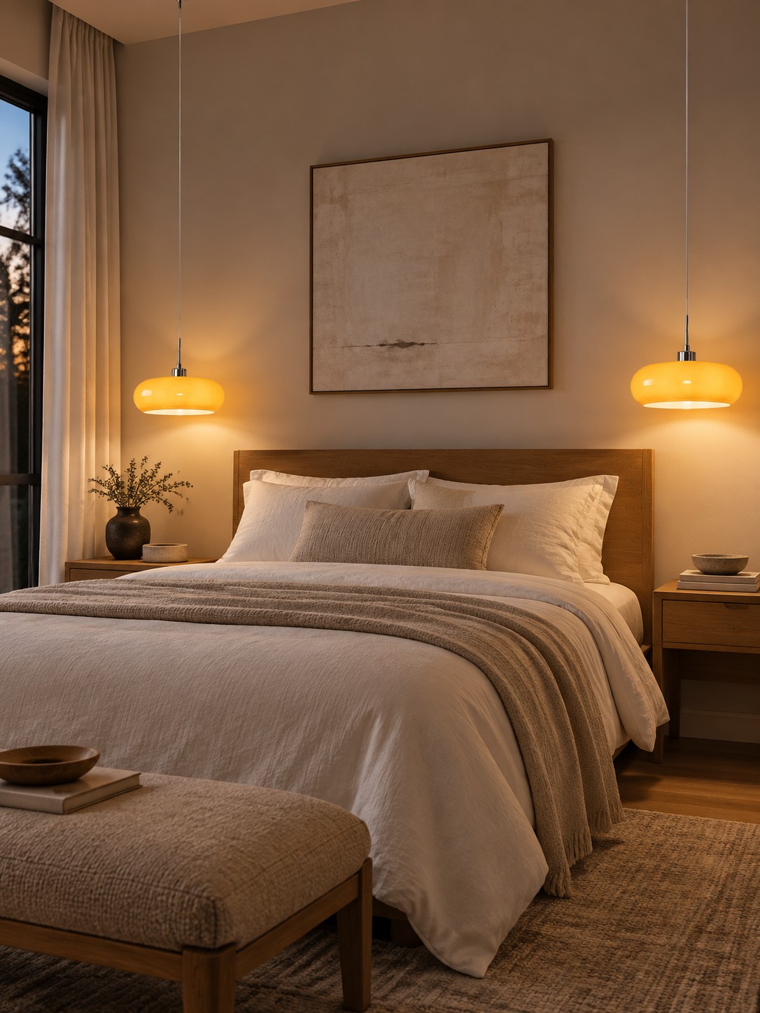 Quarto com um par de luminárias pendentes de vidro cor de mel.