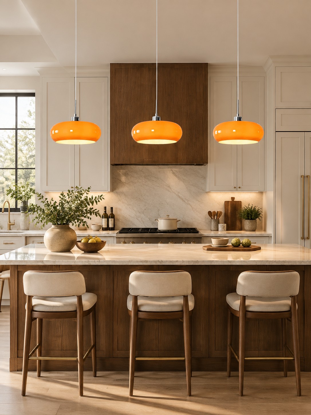 Ilha de cozinha com três luminárias pendentes de vidro laranja.