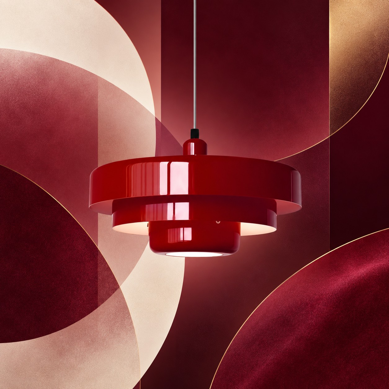 Roter Macaron-Anhänger auf burgunderrotem Kunsthintergrund