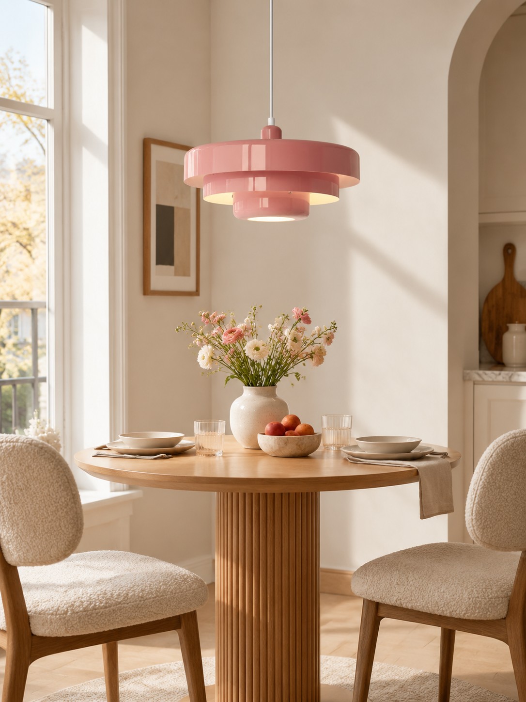 Rosa Pendelleuchte über einem runden Frühstückstisch
