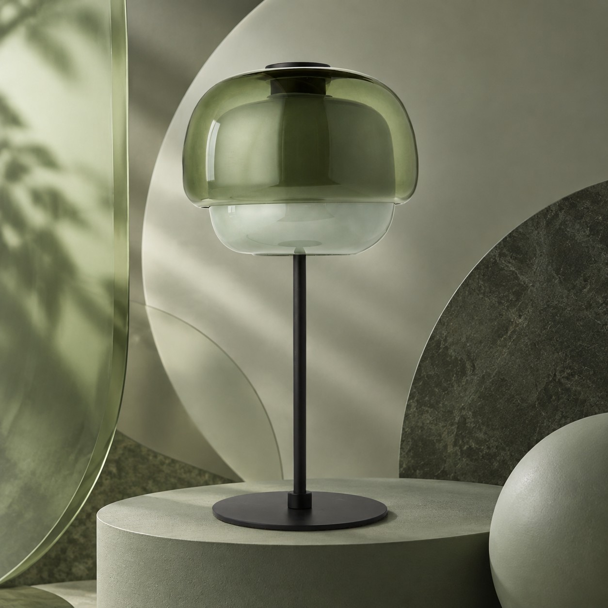 Gray green double-dome glass table lamp on a green art set