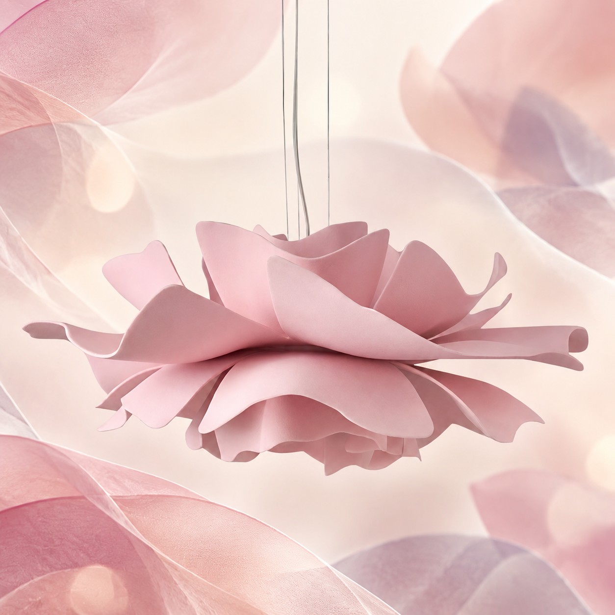 Pingente de lótus rosa claro sobre um fundo floral de estúdio.