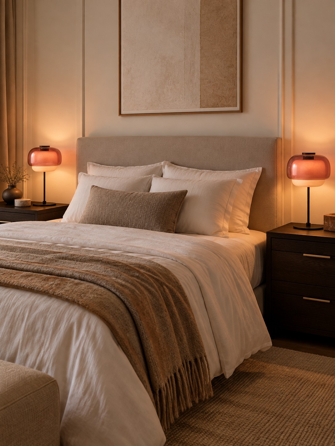 Pair of burgundy Pericles lamps on bedside tables