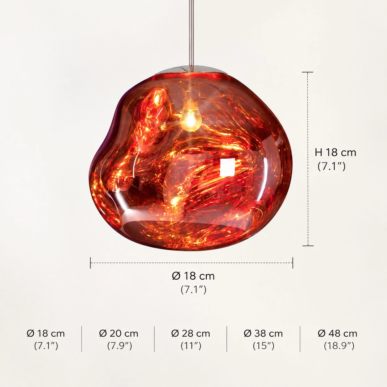 Diagrama de tamaño de la lámpara colgante de lava irregular de diseño moderno