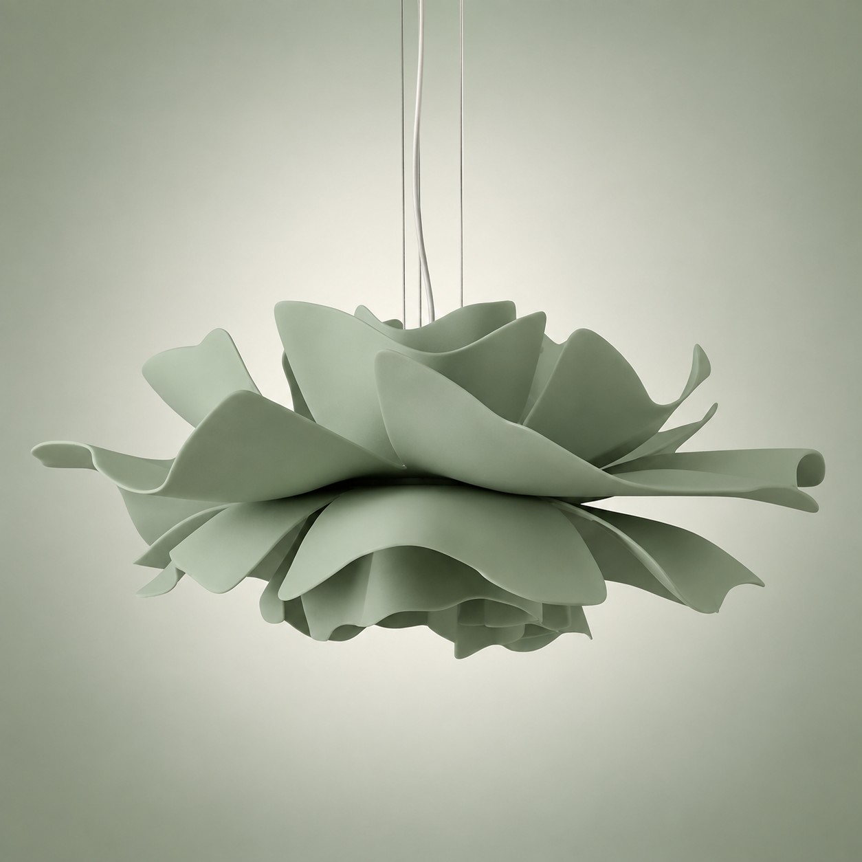 Luminária pendente nórdica em forma de flor de lótus branca com detalhes em verde sálvia.