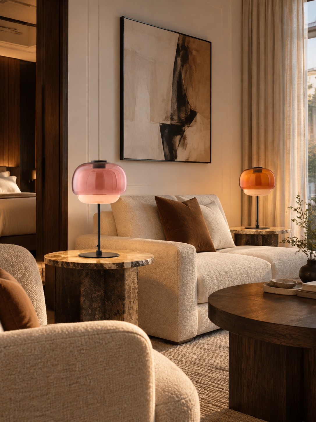 Blush and orange Pericles lamps in a lounge