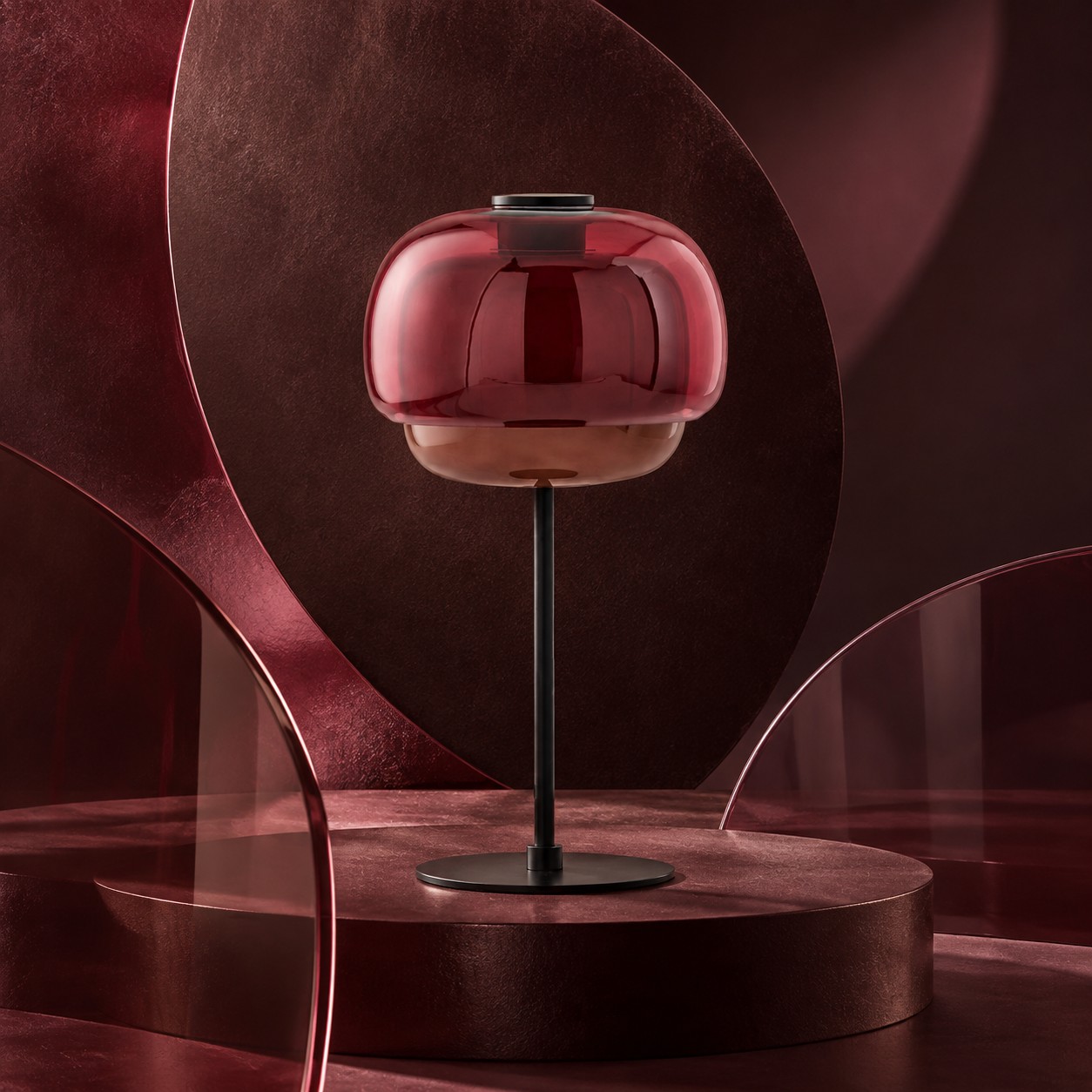Burgundy double-dome glass table lamp on a red art set