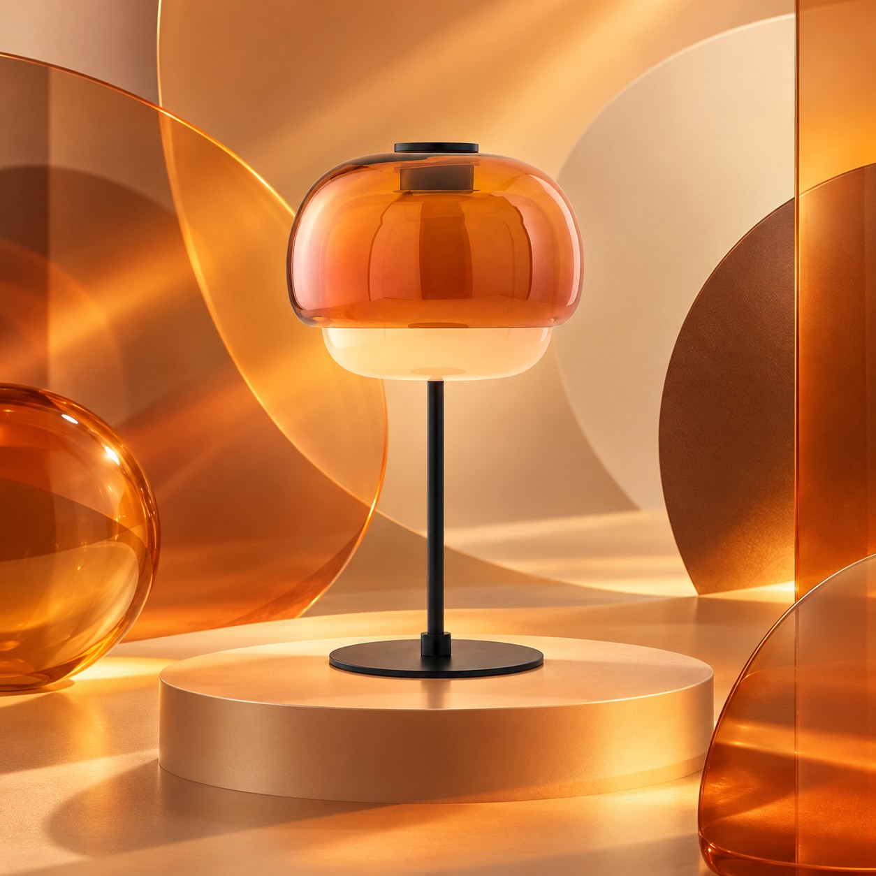 Orange double-dome glass table lamp on an amber art set