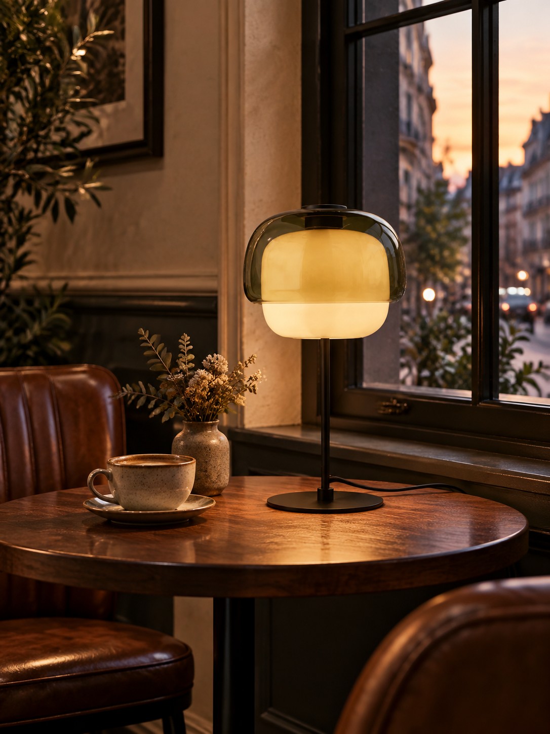 Gray green Pericles lamp by a cafe window