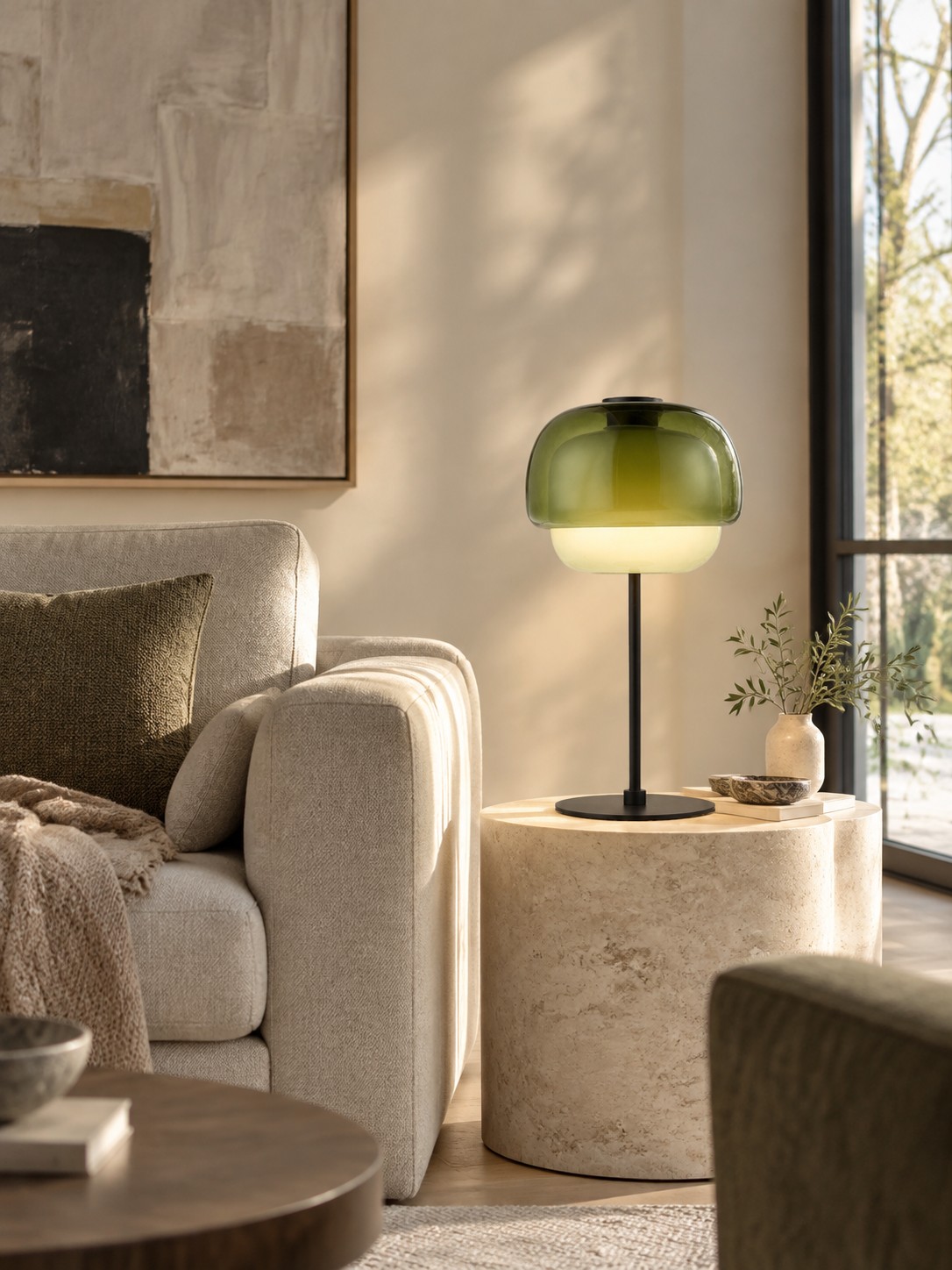 Gray green Pericles lamp on a living room side table