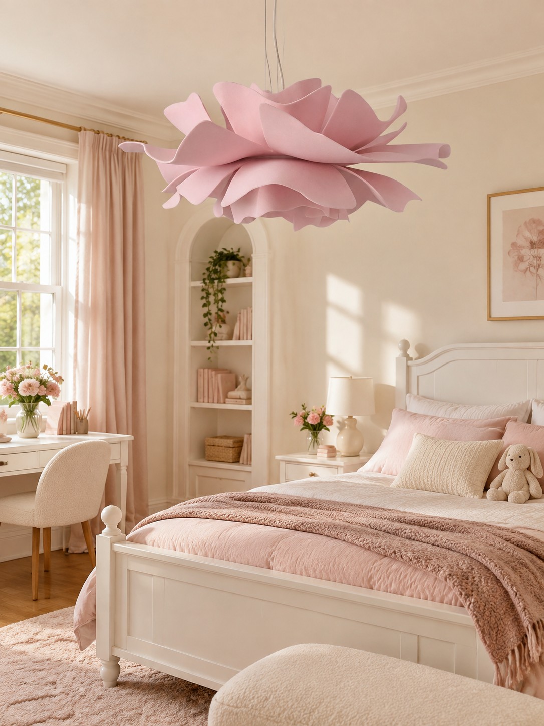Pendente de lótus nórdico Cena de quarto rosa