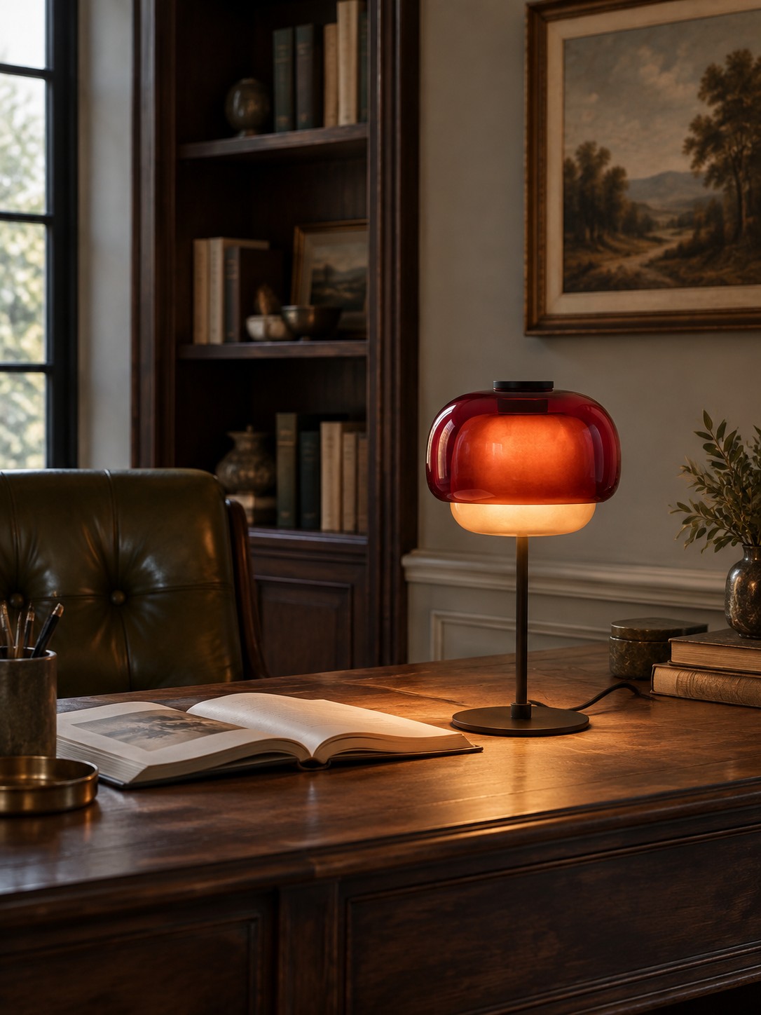 Burgundy Pericles lamp on a study desk