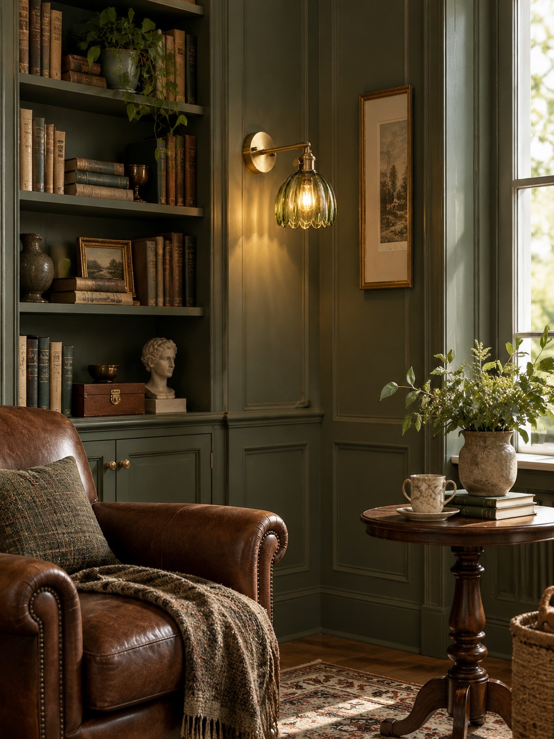 Green glass tulip wall lamp above leather reading chair