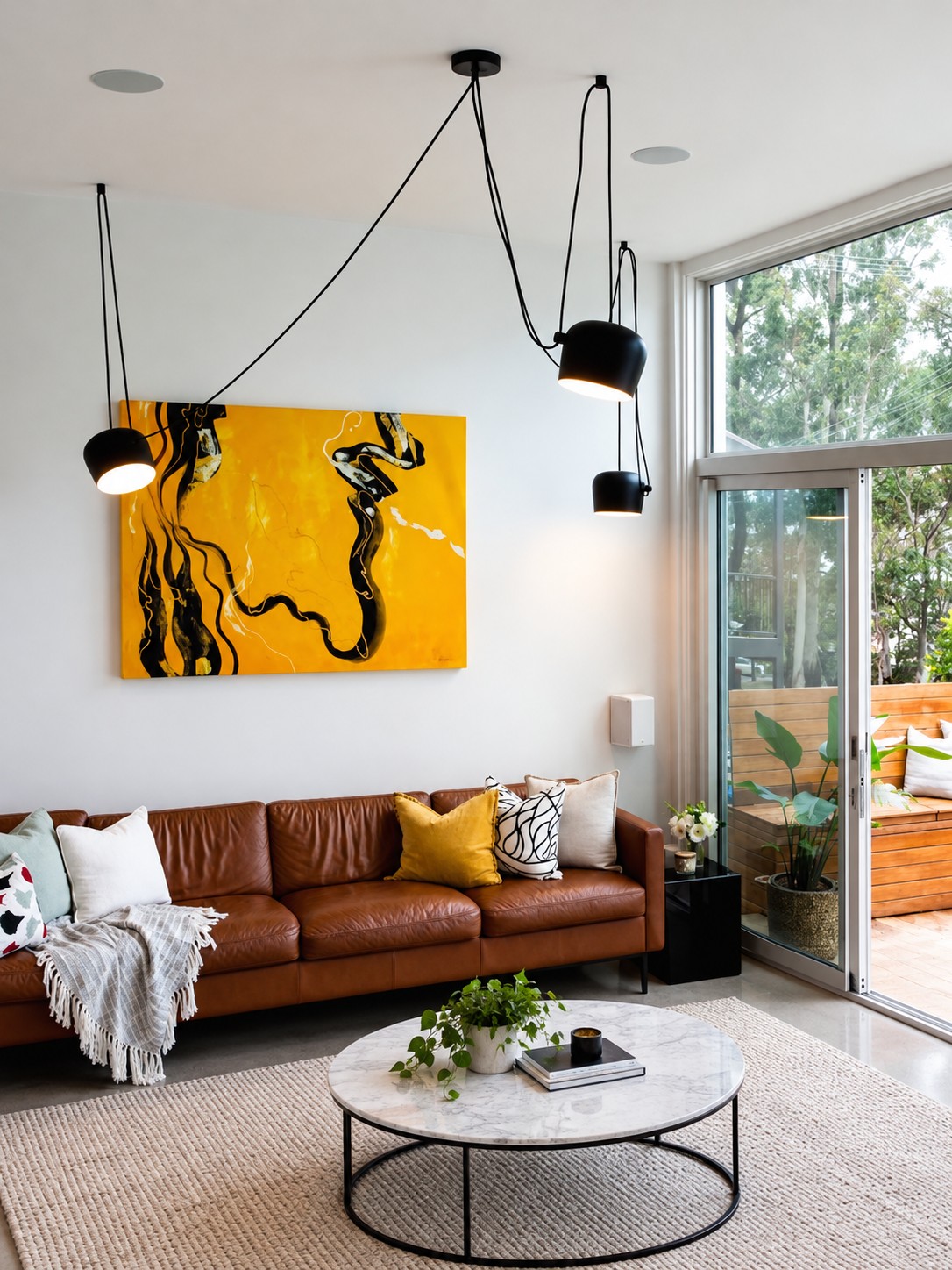 Zwarte hanglamp met meerdere lampen boven de bank in de woonkamer.
