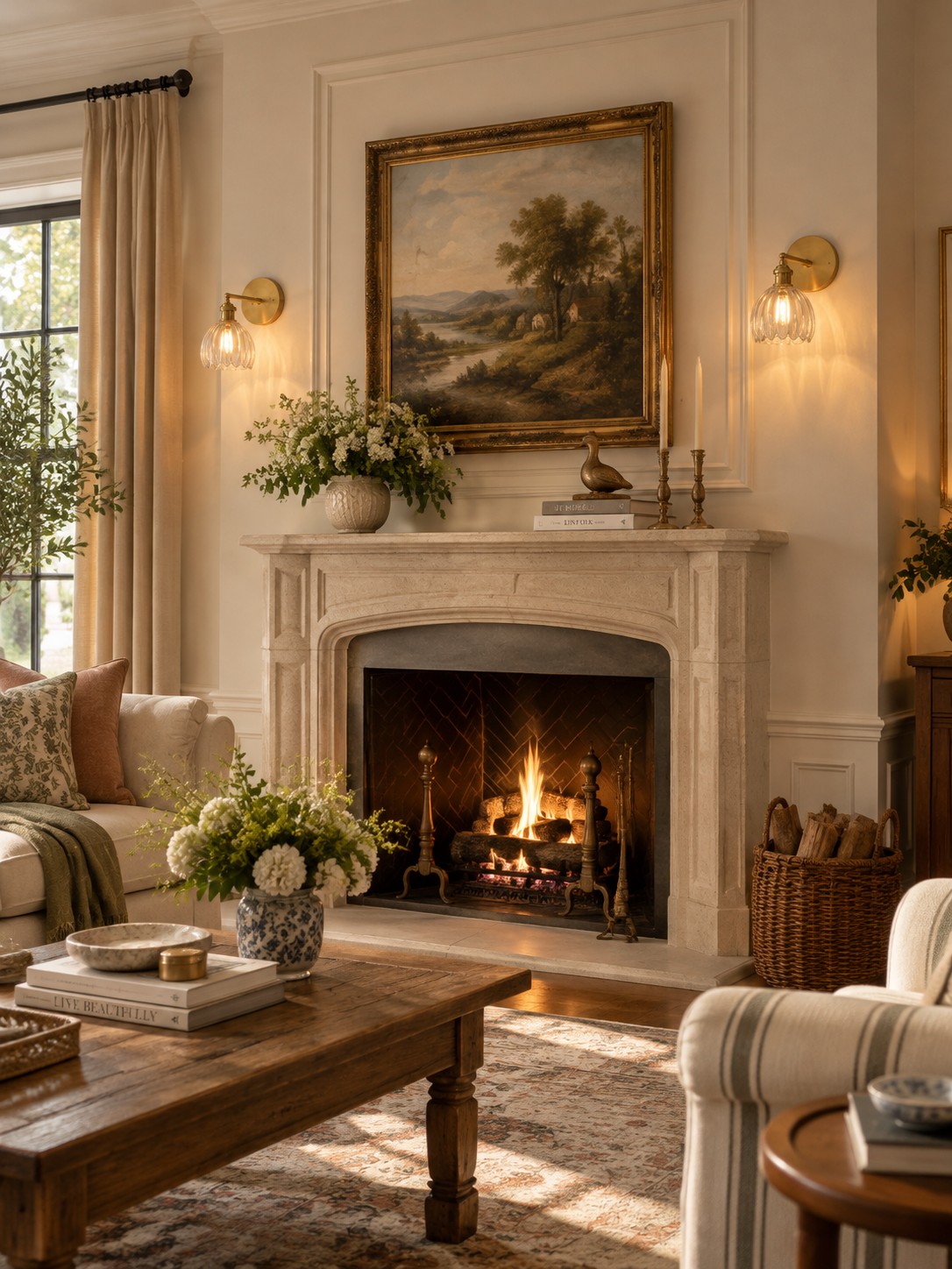 Clear glass tulip wall lamps flanking fireplace art in living room